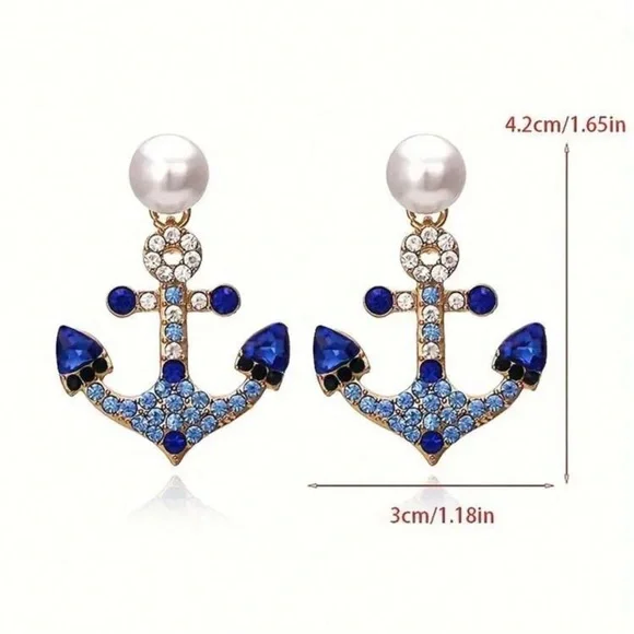 Faux Pearl and Blue Rhinestone Anchor Earrings - Picture 4 of 4